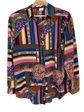 VTG S.G Sport Collection Women's L Colorful Silky Button Up Shoulder Pad Shirt