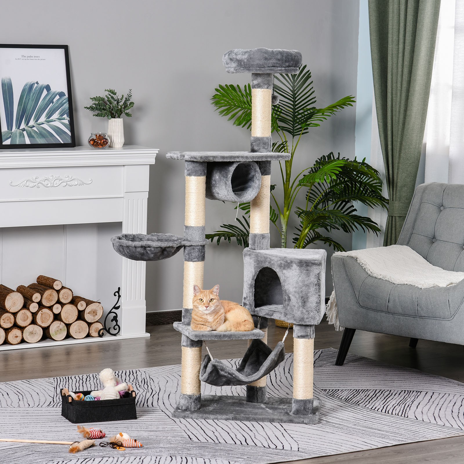 PawHut Tiragraffi a Colonna per Gatti con Cuccia, Amaca, Grigio foto 3