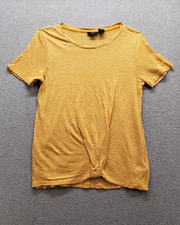 Tahari Women Tops S Yellow Striped Knot Twist Hem Detail Crew Neck Casual Summer