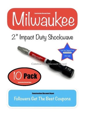 10 Pack Milwaukee Shockwave Impact Duty 2'' In. Drill Bits Torx T10 T-10