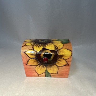 Small Brown Wood Sunflower Pattern Rectangular Trinket Box Hand Painted