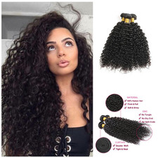 3 Bundle Curly Virgin Brazilian Human Hair with FREE Lace Closure Natural Black