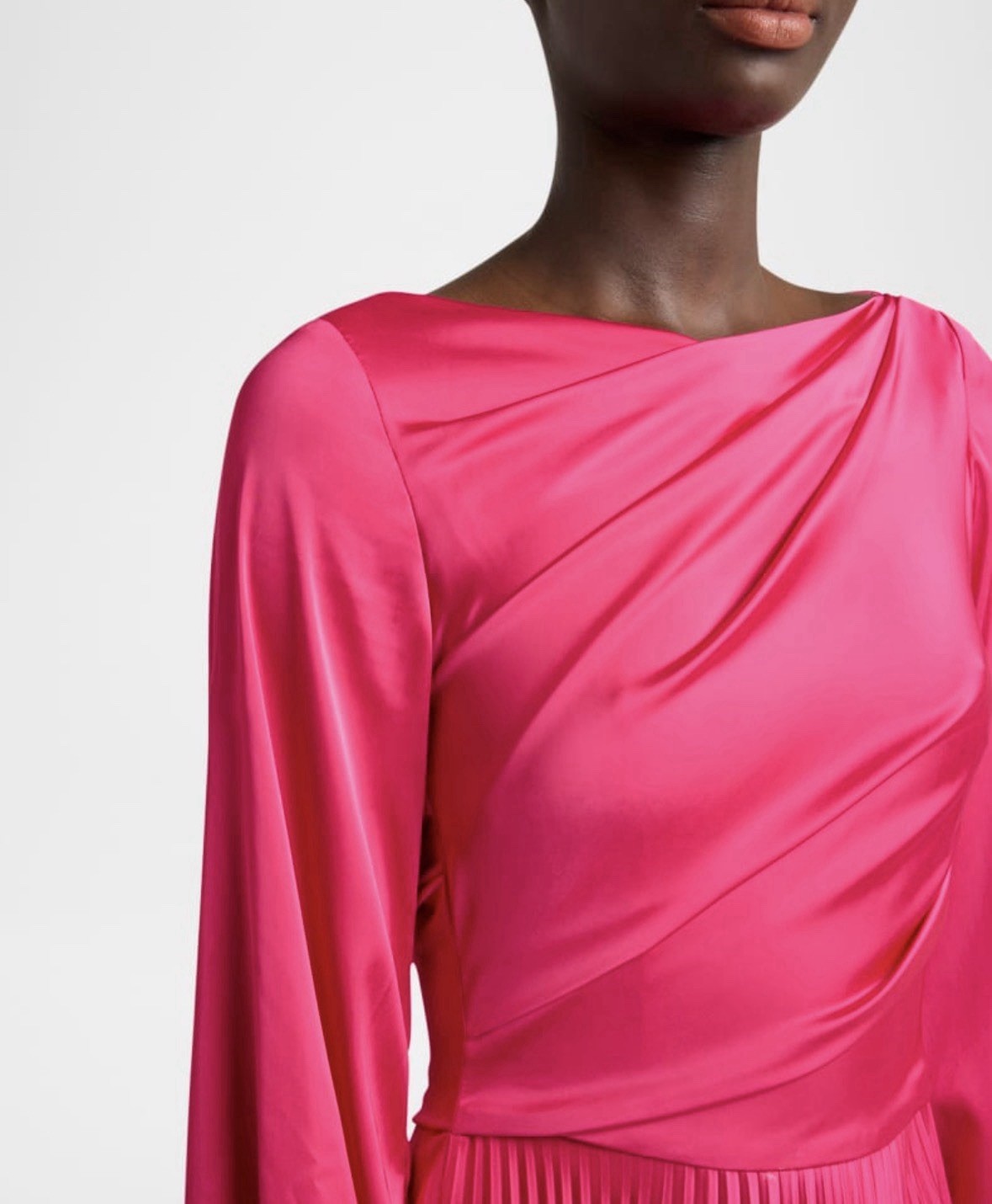 Talbot Runhof voile satin gown featuring a draped bodice and pleated skirt