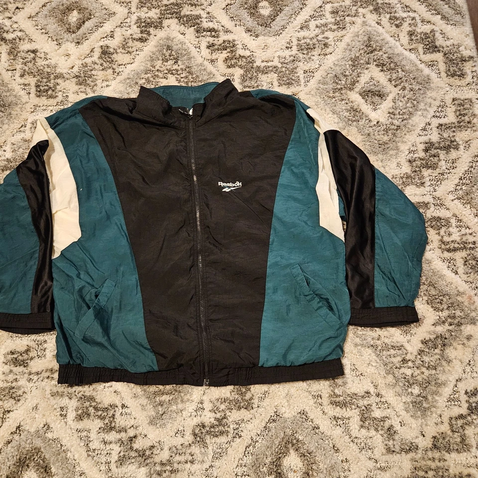 Chaqueta cortavientos vintage Reebok para hombre XXL verde blanco bloque de color cremallera completa años 90 Foto 4 de 4