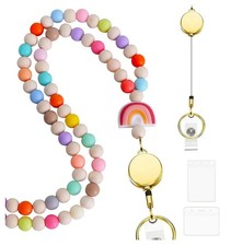Teacher Lanyard with ID Holder Retractable Colorful Wood Beaded Lanyard