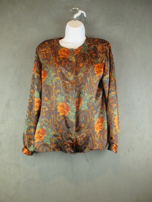 Vintage Notations Blouse Womens Medium Paisley Floral Satin Shirt 80s Retro Top