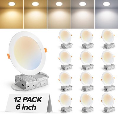 12 Pack 6'' Ultra Thin LED Recessed Ceiling Light 5CCT Dimmable Canless Downlight
