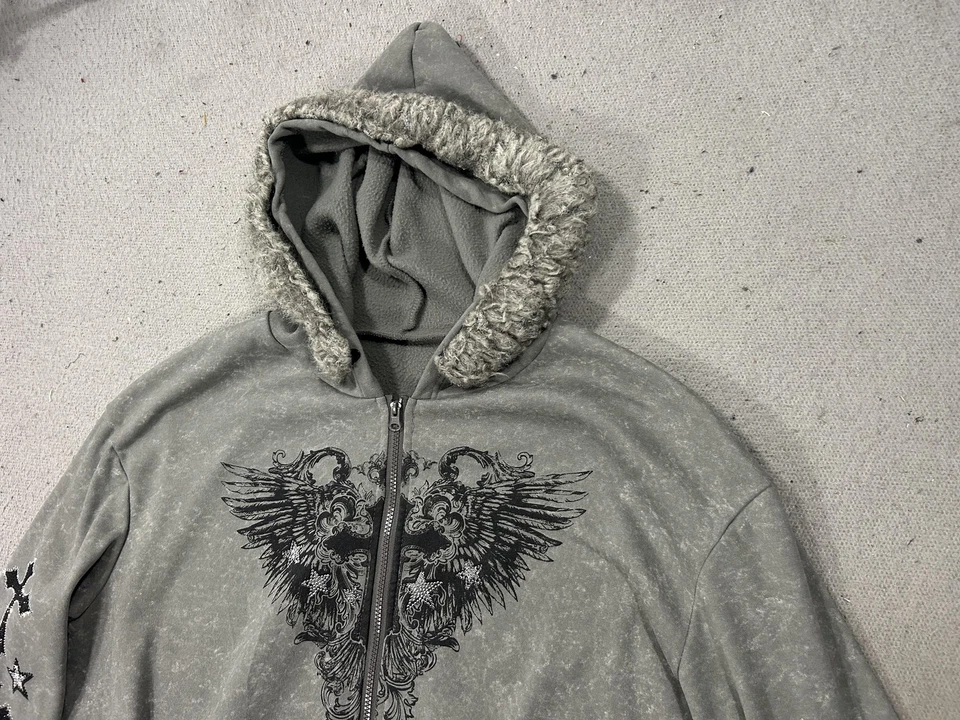 Sudadera con Capucha Y2K Para Mujer XL Gris Imitación Piel Cruces Cuentas Alas Estrellas Grunge Gótico Punk Foto 2 de 4