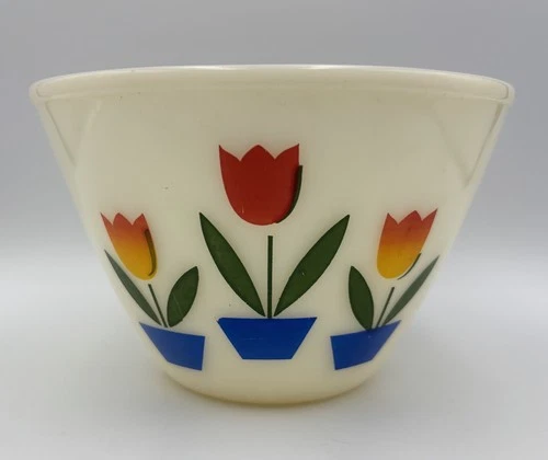 Vintage Fire King Tulips  White Milk Glass 7.5” Mixing Bowl RARE Flowers 1940s