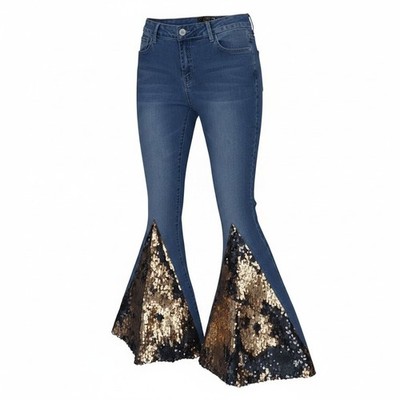 Lucky and Blessed L&B Bell Bottom Flare Jeans w/Gold & Black Sequins Size 8
