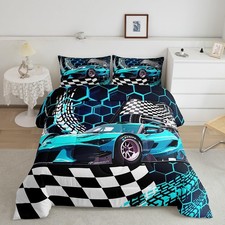 Honeycomb Twin Size Bedding Set, Toddler Race Car Bed for Boys Neon Lights Ge...