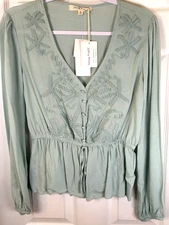 Living Doll Blouse Sz M Mint Green Embroider LS VNeck Boho Top NWT