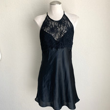 Josie Natori Y2K Mini Halter Dress Size S Black Satin Lace Whimsigoth Romantic