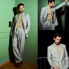 Linen Striped Suits For Men Double Breasted Peak Lapel Regular Fit Casual Party