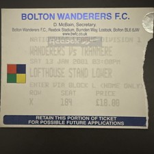 Bolton Wanderers v Tranmere Rovers(Championship 2000/01) 13/1/2001 Match Ticket