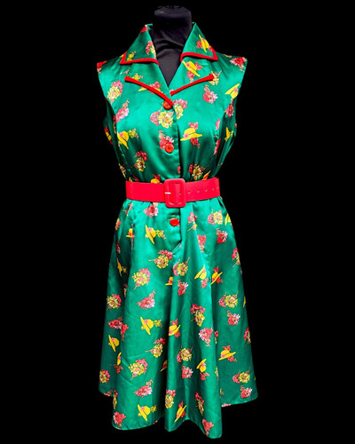Stunning Vintage Vtg 1970s 70s Novelty Hat Print Green Slinky Satin Dress M - Picture 1 of 6