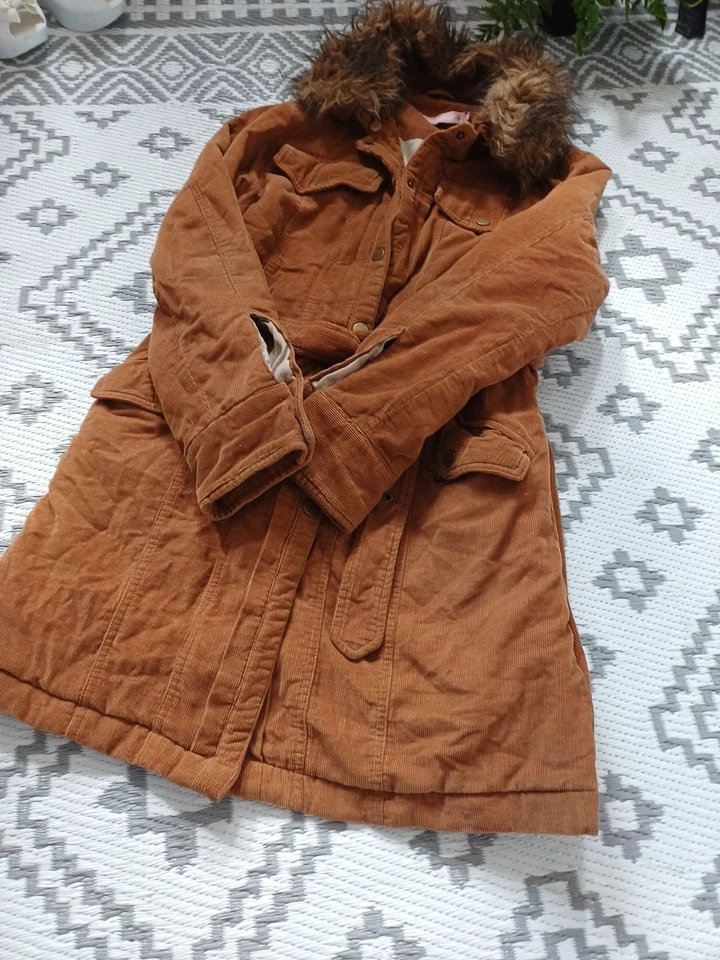 Vintage Brown Y2K Cord Belted Coat Fur Removable Trim 12 14 - image 4 of 4