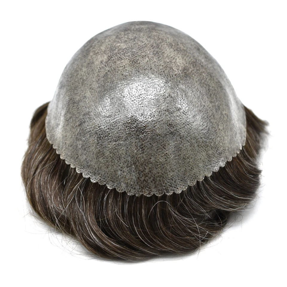 Sistemas de reemplazo de piezas de cabello humano para hombres piel delgada unidades de cabello completas de poli toupee Foto 3 de 4