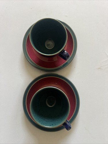 2 X Denby Harlequin Tea Cups and Saucers, Blue, Green, Red. VGC, Prompt Post - 第 3/6 張圖片