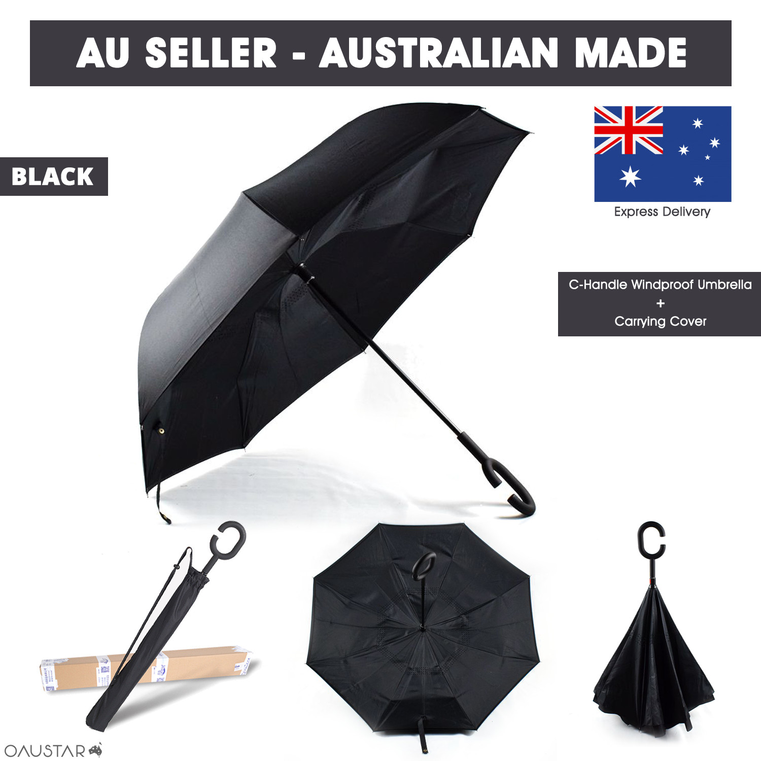 Umbrella -Upside Down-Windproof-Inverted Reverse,C-Handle Folding-with Carry Bag image 6