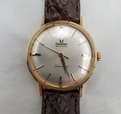 OMEGA Seamaster automatic 14K gold-filled watch vintage round white alligator nr