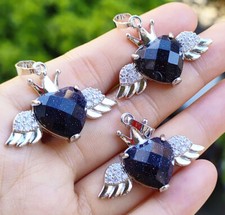 3pcs Blue sand Pendants Faceted Gems Angel Wings Heart Love Luck Amulet