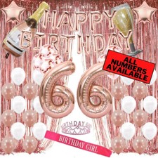 66th Birthday Rose Gold Decorations - 40" Number Balloons, Foil Curtains  More