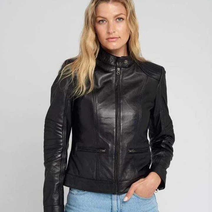 Women Leather Jacket Genuine Lamb Skin Black Army fit Biker