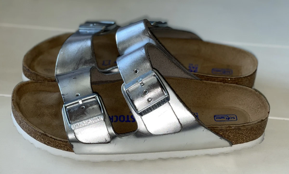 betyder fænomen Match Birkenstock Arizona Soft FB Women 38 US 7 Metallic Silver Leather 2 Strap  Sandal | eBay