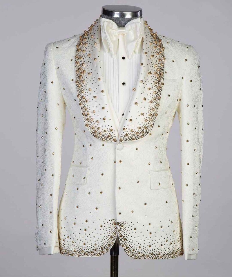 Men's Diamond Studded Beads Coat Shawl Lapel Jacket Groom Wedding