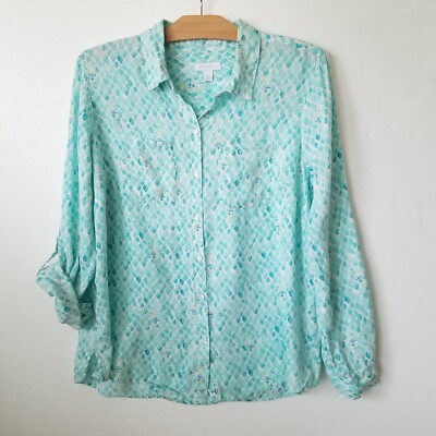 Charter Club Womens L 100% Linen Button Front Pastel Sea Horse Shirt Aqua 