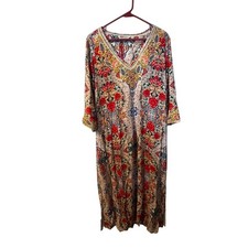Soft Surroundings Ipanema Caftan Dress Embroidered V Neck Women L Maxi Slit 