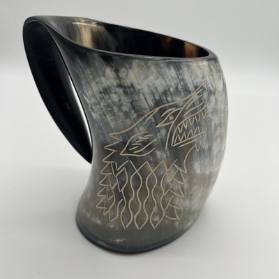 Vikings Valhalla Natural Ox Horn Wolf Carved Tankard Beer Mug W/ Holder
