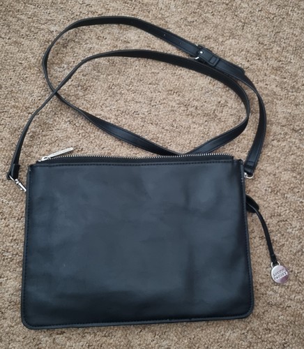 Laura Ashley Black Faux Leather Slim Long Strap Handbag Pink Detail 3 Pocket Zip - Picture 1 of 8