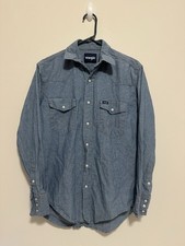 Wrangler Shirt Mens Medium Blue Denim Western Pearl Snap Cowboy Long Sleeve