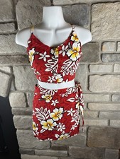 Tiki Palm Hawaiian 2 Piece Set Crop Top Wrap Skirt Red Hibiscus Rayon M Vintage