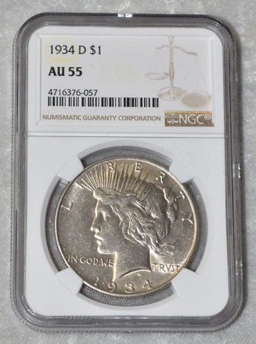 1934 D PEACE 90% SILVER $1 DOLLAR NGC CERTIFIED AU 55 AU55 DENVER USA MINT COIN