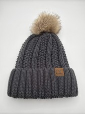 C. C Beanie Fuzzy Fleece Lined Charcoal Fur Pom Thick Cable Knit CC Cozy