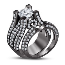 2 CT Round Cut Lab Created Diamond Bridal Wedding Ring Set 14K Black Gold Over