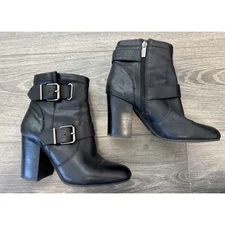 Vince Camuto Simlee Double Buckle Block Heel Bootie Black Ramano Leather 6.5 M