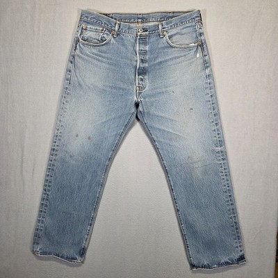 Levis 501 Jeans Mens 40x28* Hemmed Blue Button Fly Straight Denim Workwear FLAWS