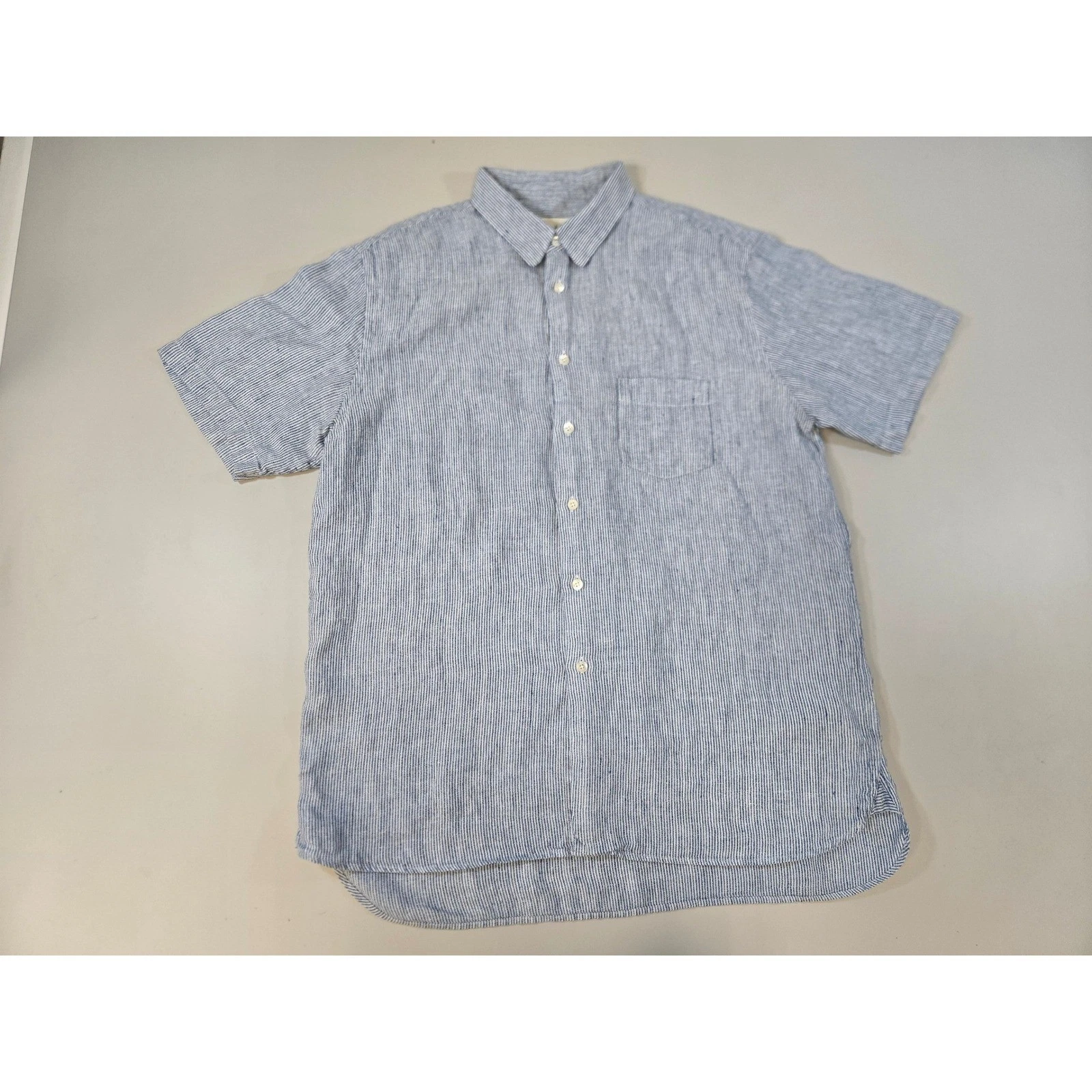 La Paz Mens XL Blue White Striped 100% Linen Short Sleeve Button Down Shirt