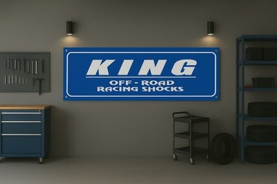 King Off-Road Shocks Banner 71x24 Blue Garage Decor | Suspension Workshop Sign