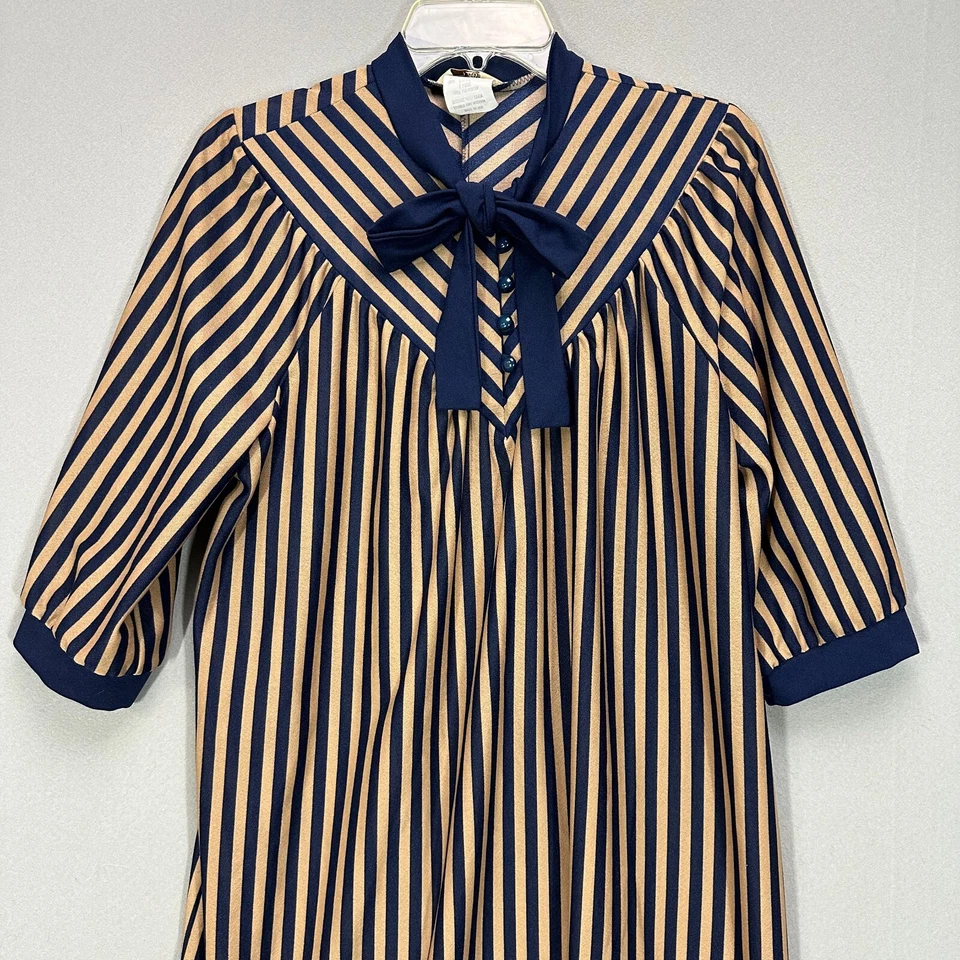 VTG 70s Striped Polyester Mod Dress Size 15/16 Sears GAULTIER Style Button Bow - Изображение 2 из 4