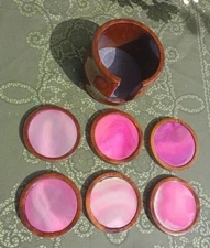 Vintage Pink Agate Stone & Wood 6 Coaster Set With Wood Holder  MCM  