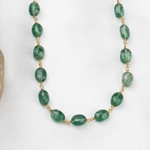 Authentic Natural Green Strawberry Quartz Gemstone Gold Plated Oval Beaded Necklace 21"