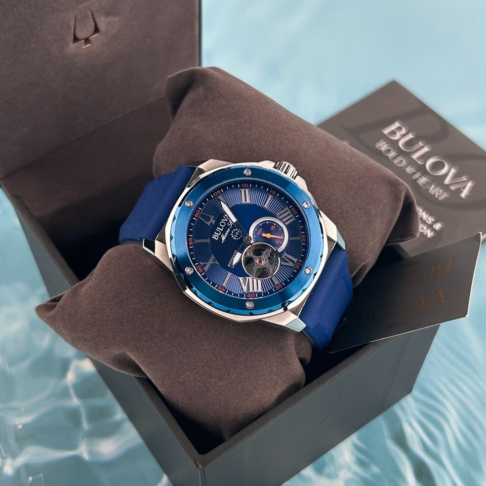 Bulova Marine Star 98A303 - Orologio Automatico Uomo - 45mm, Quadrante Blu, Cinturino In Silicone, 20 Bar
