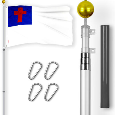 Combo: 16 Ft Telescoping Flagpole Silver & Christian Flag 3x5 Ft Emb 300D Poly