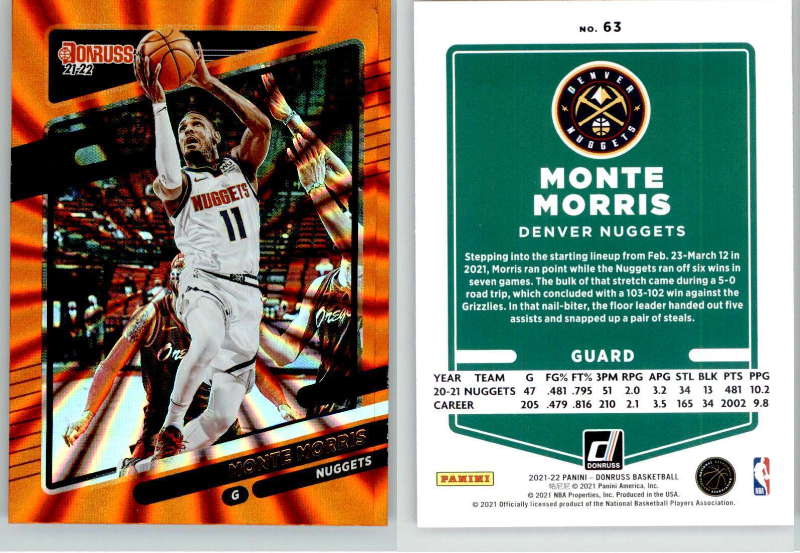 Monte Morris 2021-22 Donruss Holo Orange Laser #63 Nuggets