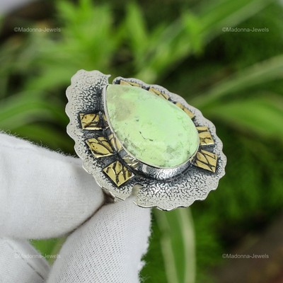 Womens day Sale Pear Natural Lemon Chrysoprase Solitaire Ring Jewelry 925 Silver